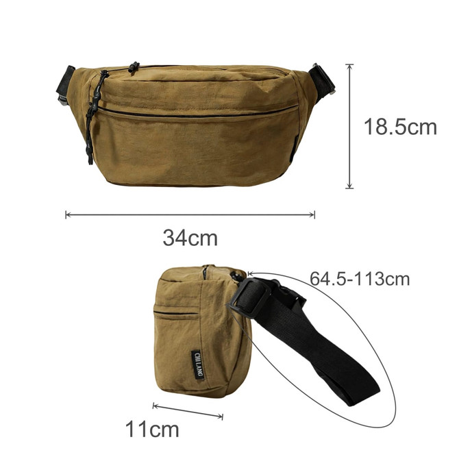 A large brown bum bag with a zippered pocket, an adjustable strap, and dimensions of 34cm x 18.5cm x 11cm.