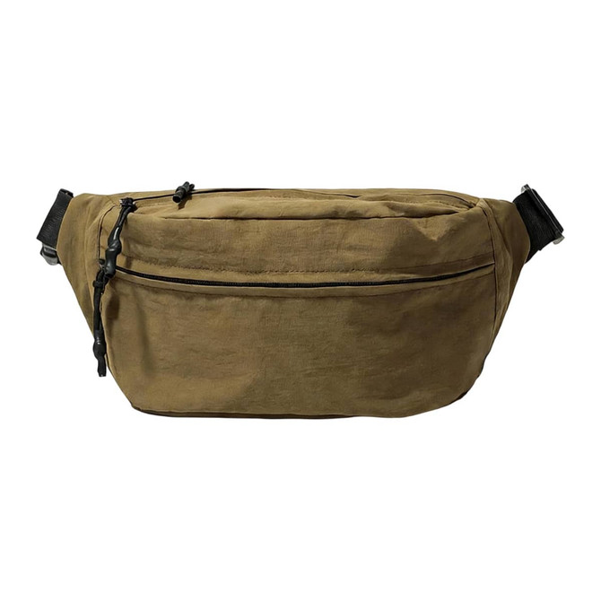 A large bum bag in a khaki colour, featuring one zippered compartment and an adjustable strap.