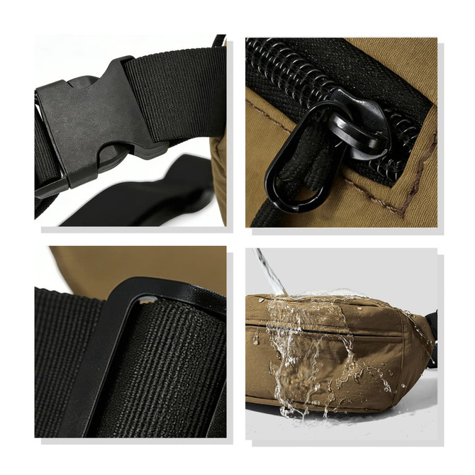 A tan large bum bag with black straps, featuring a buckle, zip, and water-resistant material.