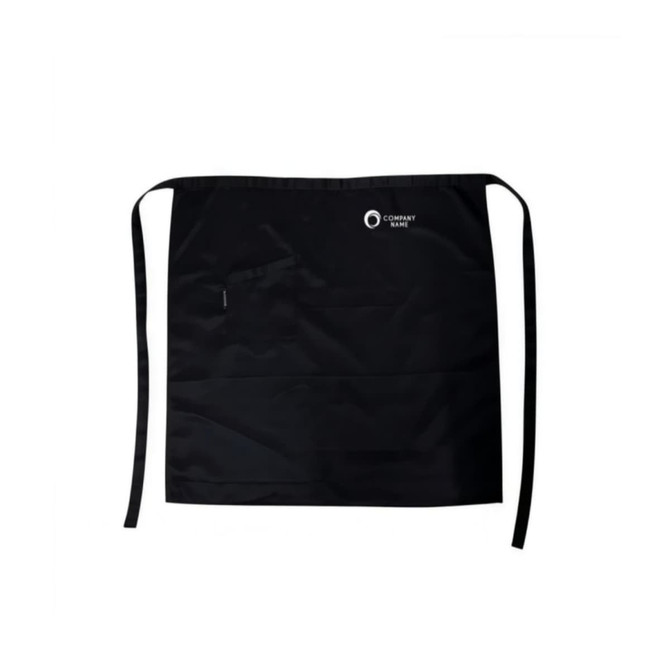 A black half apron made from 100% polyester, featuring a pocket and a logo.