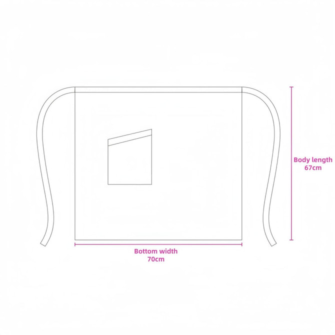 A half apron design in white with a front pocket, featuring measurements for width and length.