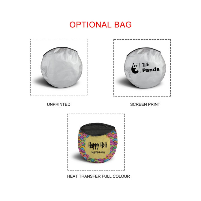 A circular, portable car sun shade available in different designs, including an unprinted option and two printed versions.