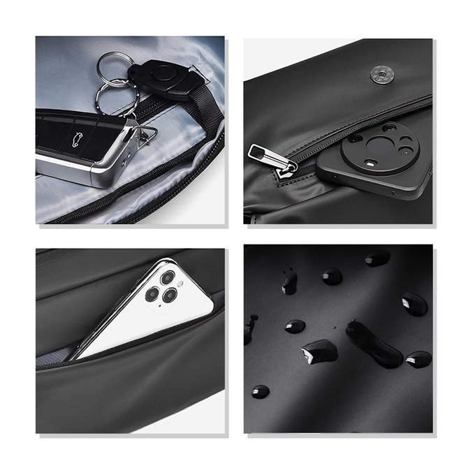 A black fanny pack features a keychain, a slot for a phone, and shows water droplets on the surface. It has a logo present.