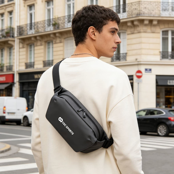 A black fanny pack with a logo, worn across the body by a person in an urban setting.