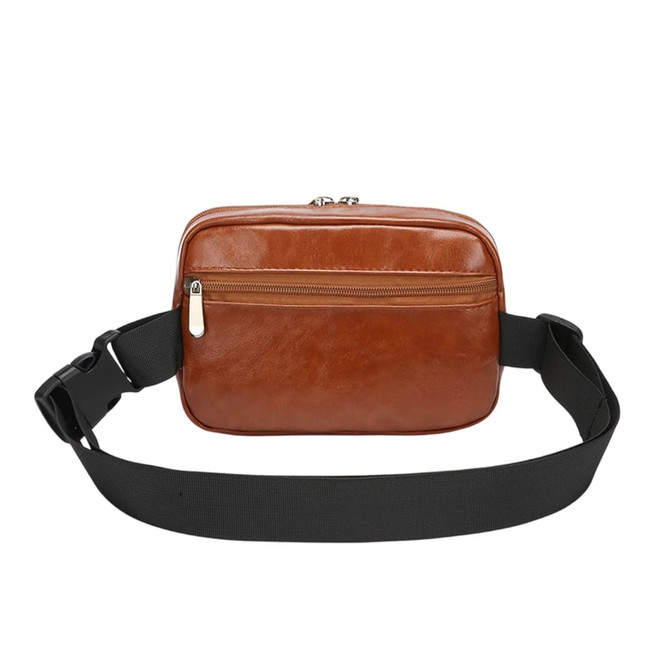 A brown polyurethane fanny pack with a black adjustable strap and a zippered front pocket.