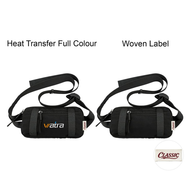 A black travel fanny pack with adjustable straps and a woven label, featuring two design options.