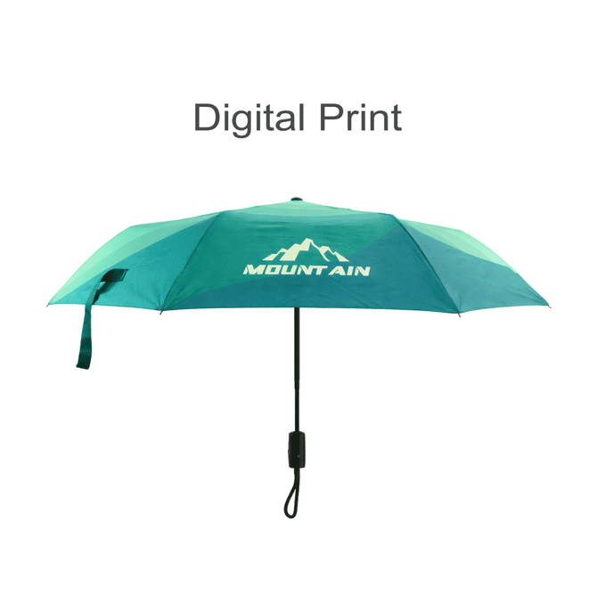 A 21'' automatic compact folding umbrella in teal and green with a handle and a logo.