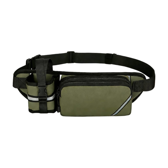 A drink bottle holder attached to an olive green fanny pack with a zipper compartment and adjustable strap.