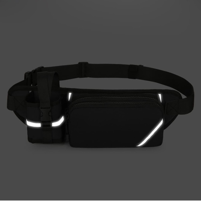 A black fanny pack with a bottle holder, featuring reflective accents and a zippered compartment.