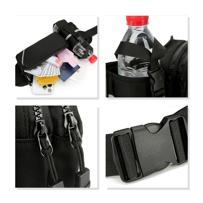 A drink bottle secured in a black fanny pack, featuring multiple compartments and a buckle strap.