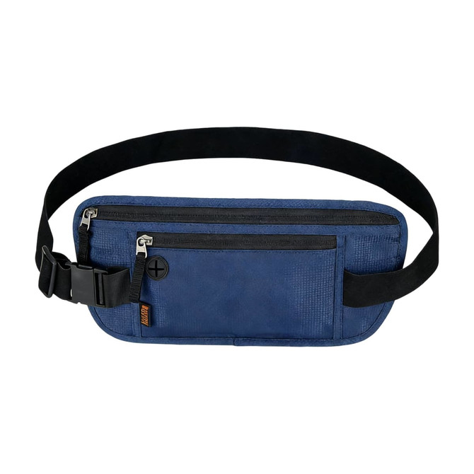 A navy fanny pack with multiple zippered compartments and an adjustable black strap. It features a logo.