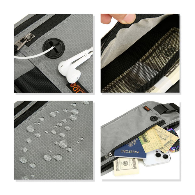 A grey fanny pack featuring RFID blocking, a mesh pocket, headphone access, and water-resistant material.