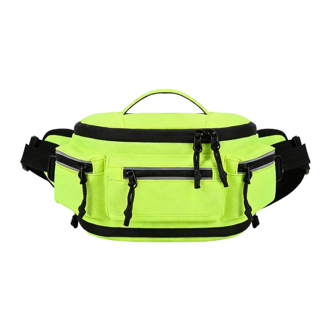 A bright yellow expandable bum bag with black accents, featuring multiple zippered pockets and a handle.