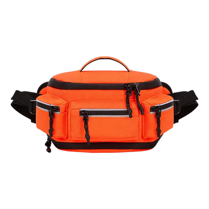 An orange and black expandable bum bag with multiple zippered pockets and a top handle.