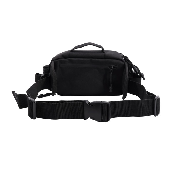 A black expandable bum bag with adjustable straps and a handle, featuring a front zip pocket and branding.