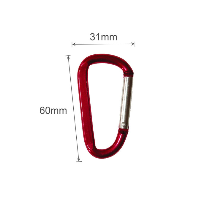 A red 6cm carabiner with a metallic clip, featuring a simple design and dimensions of 60mm by 31mm.
