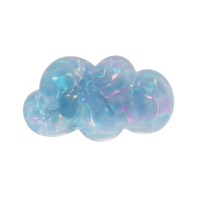 A cloud-shaped hair clip in iridescent blue and purple, featuring a glossy finish and a branding logo.