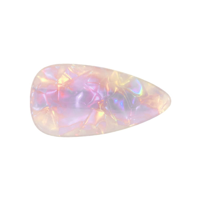 A teardrop-shaped iridescent alligator hair clip with a shimmering, multi-coloured surface.