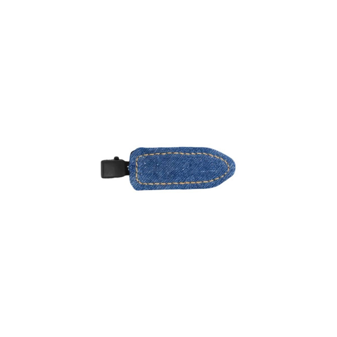 A denim hair clip in a blue hue with a stitched design and a black clasp. It features a branding logo.