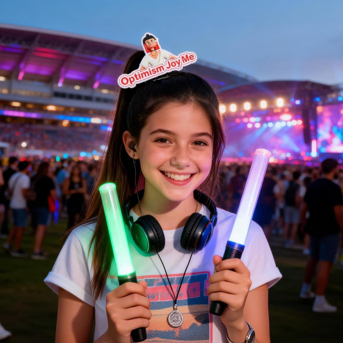 A girl holds two glowing light sticks, one green and one purple, wearing headphones at a vibrant outdoor event.