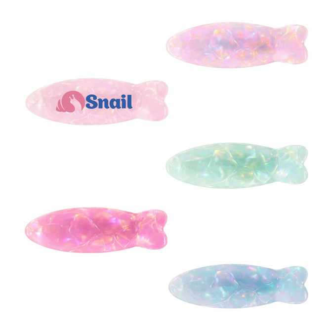 A collection of fish-shaped hair clips in pink and green iridescent colours, featuring a logo.