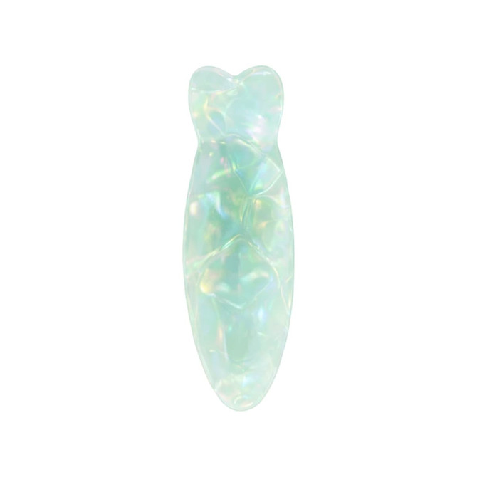 An iridescent fish-shaped hair clip in shades of pale blue and green, featuring a smooth, glossy finish.
