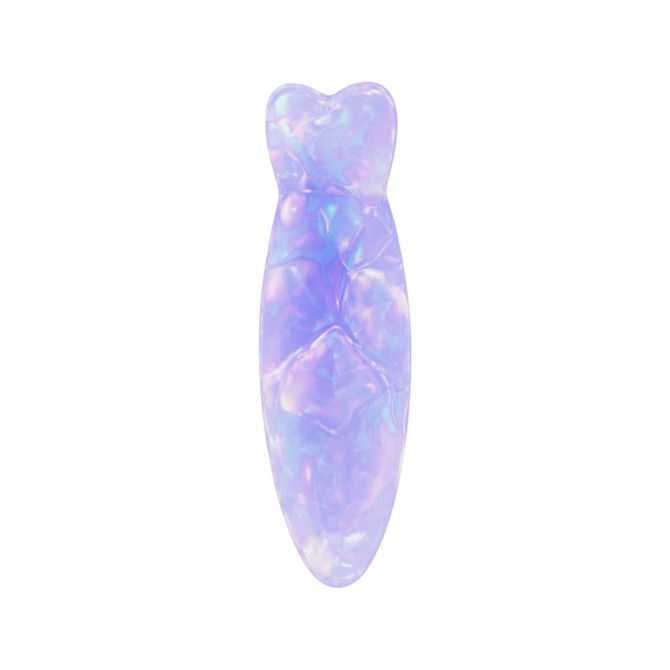 A fish-shaped iridescent hair clip in shades of purple and blue, featuring a glossy, marbled design.