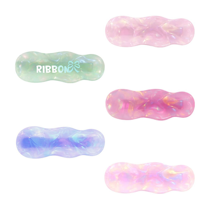 Five iridescent hair clips in pink, green, and blue hues, featuring a glossy, wavy design with a logo.
