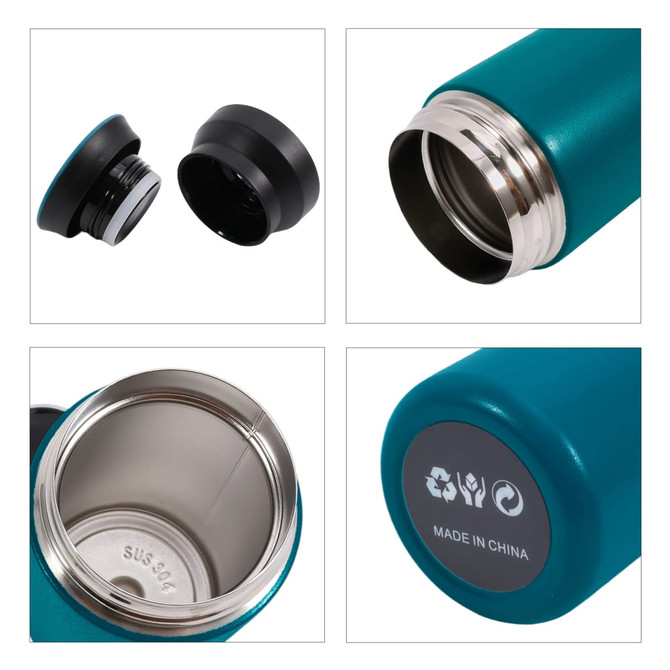 A drink bottle with a teal double wall stainless steel body, featuring a black lid and a silver inner lining.