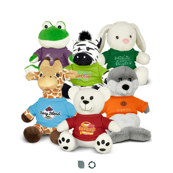 Assorted plush toys in various colours, including a frog, zebra, rabbit, giraffe, bear, and wolf, each wearing a shirt with a logo.