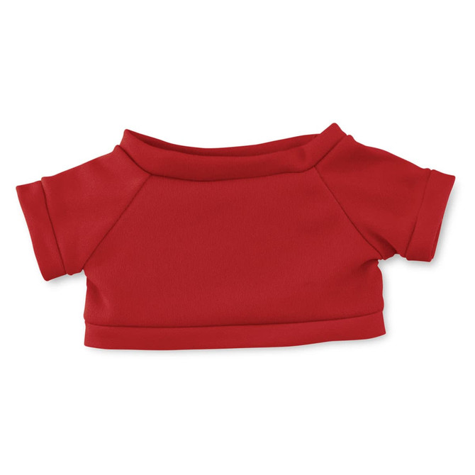 A red plush toy shirt with short sleeves, featuring a rounded neckline and a fitted design.