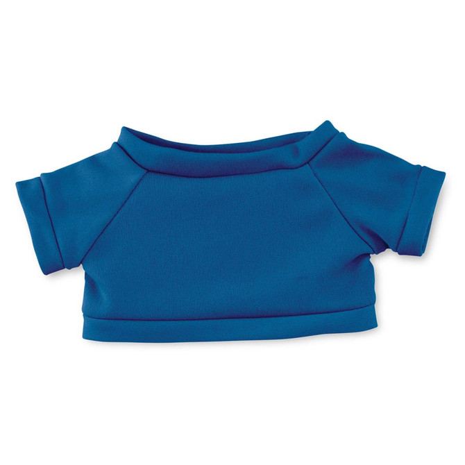 A blue plush toy shirt with short sleeves, featuring a simple, sporty design. It has a branding logo on it.