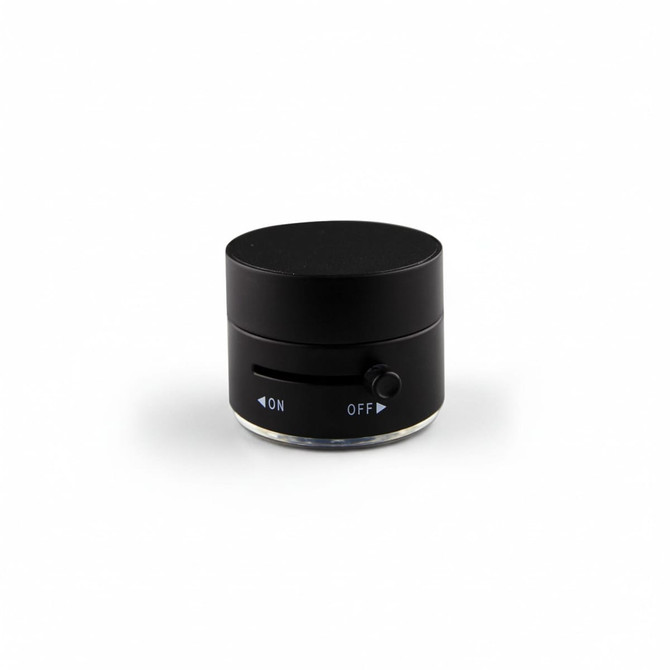 A black adjustable magnetic mobile stand with a rounded design and a sliding switch for on and off functions.