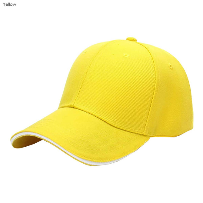 A yellow six-panel cotton sandwich cap featuring a white trim and a logo on the front.