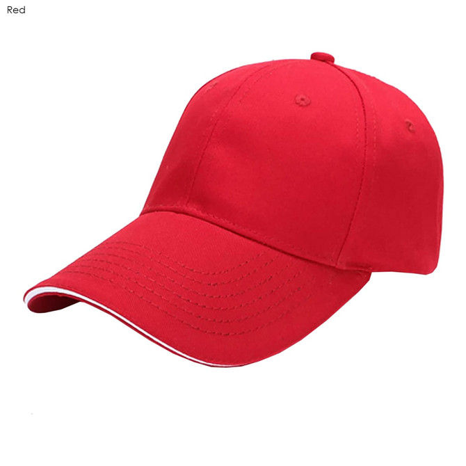 A red cotton sandwich cap with a curved brim and stitched detailing, featuring a logo on the front.