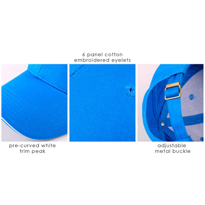 A blue cotton cap featuring a pre-curved white trim peak, embroidered eyelets, and an adjustable metal buckle.