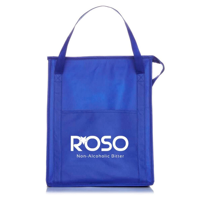 A blue insulated grocery tote with dual handles and a logo on the front.
