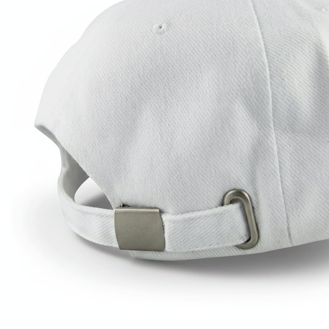 A white cap with a metal clasp at the back and a textured fabric finish. It features a branding logo.