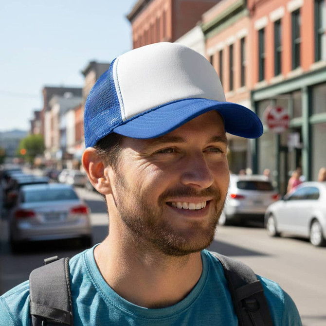 A white and blue 5-panel trucker mesh cap worn by a man in a city setting with cars in the background.