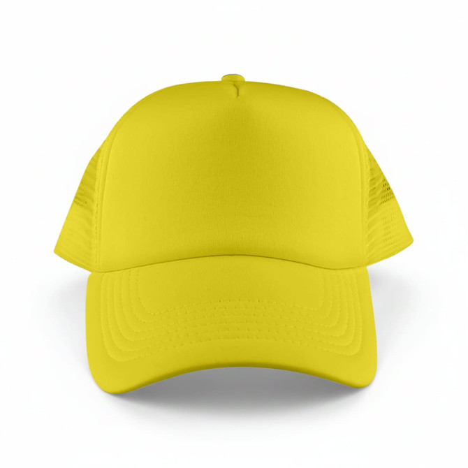 A bright yellow Classic 5 Panel Trucker Mesh Cap with a solid front panel and mesh sides. Features a logo.