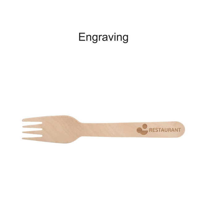 A wooden fork with a smooth finish, featuring a logo engraving. The fork is light in colour and disposable.