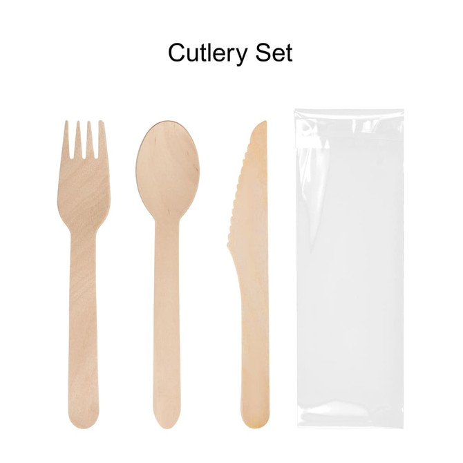A pack of disposable wooden cutlery including forks, spoons, and knives in natural wood colour, packaged with a clear sleeve.