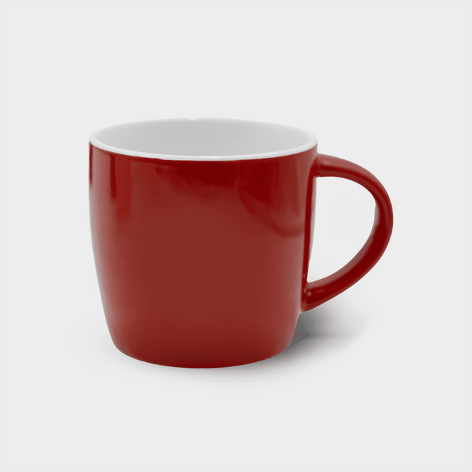 A ceramic mug in bright red with a white interior and a curved handle. It features a logo.