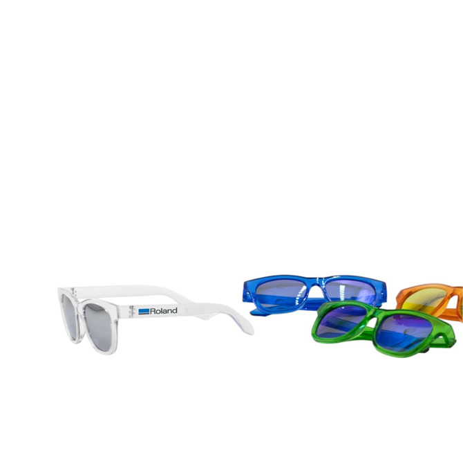 A set of summer polarised sunglasses in white, blue, orange, and green, featuring a logo on one pair.