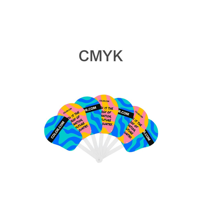 A seven-piece plastic hand fan featuring blue, pink, and yellow wavy designs with a logo.