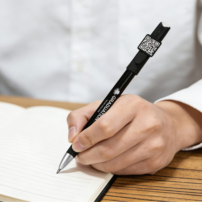 A black pen with a QR code attached, being held above a blank notebook on a wooden surface.