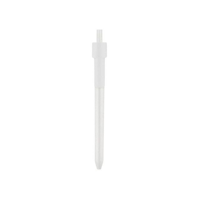 A white pen with a click mechanism and a clear barrel, featuring a logo on the upper part.