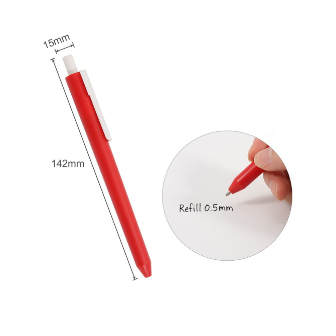 A red plastic pen with a clip, featuring a 0.5mm refill tip, dimensions 142mm x 15mm. It has a logo.