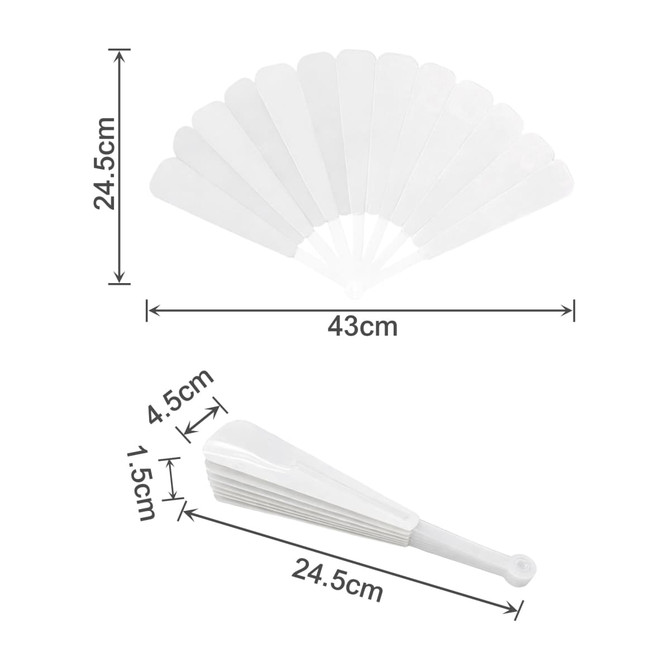 A white plastic hand fan with a closed width of 4.5 cm and an open span of 43 cm. It has a handle and a logo.