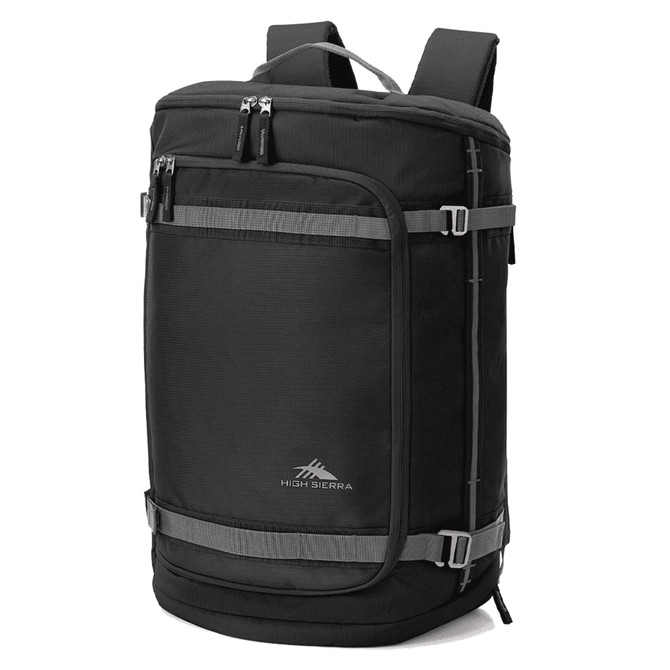 A black High Sierra travel backpack with multiple zippered compartments and adjustable straps. It features branding.